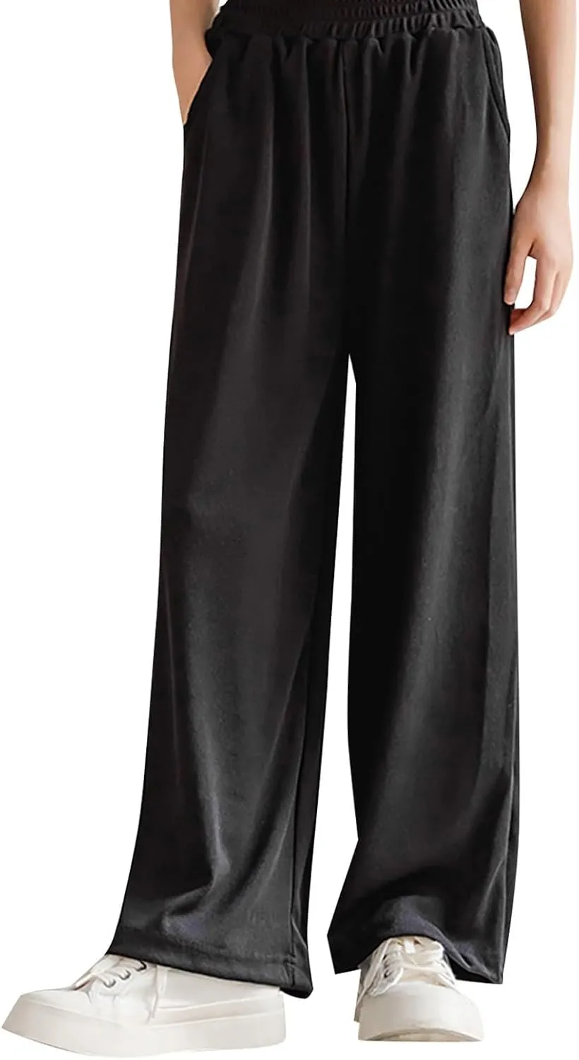 Girls Ice Silk Wide Leg Pants Solid Elastic Waist Palazzo Pant Kids Loose Straight Comfy Baggy Sweatpants Trousers