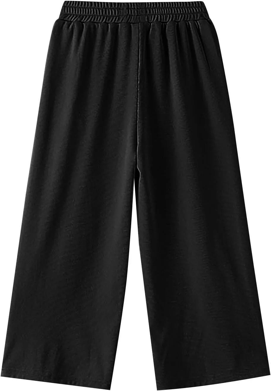Girls Ice Silk Wide Leg Pants Solid Elastic Waist Palazzo Pant Kids Loose Straight Comfy Baggy Sweatpants Trousers