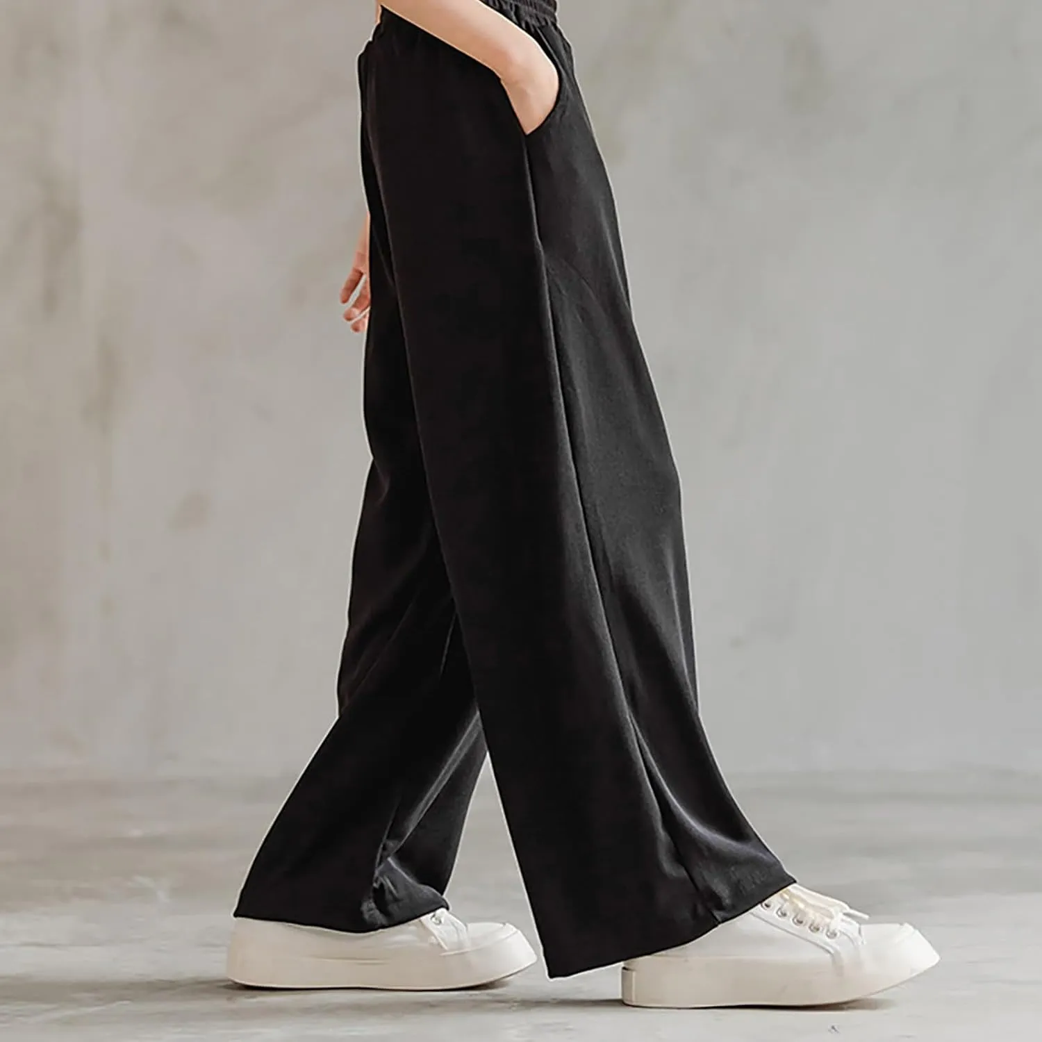 Girls Ice Silk Wide Leg Pants Solid Elastic Waist Palazzo Pant Kids Loose Straight Comfy Baggy Sweatpants Trousers