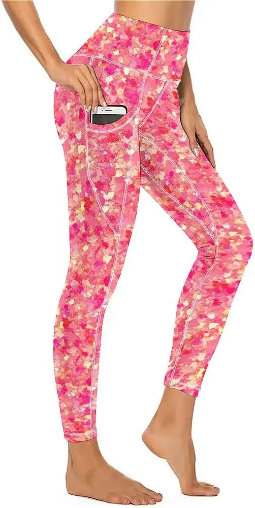 Glitter Print Warm Yoga Pants with Pockets Tummy Control Gym Leggings Shapewear Athletic Women