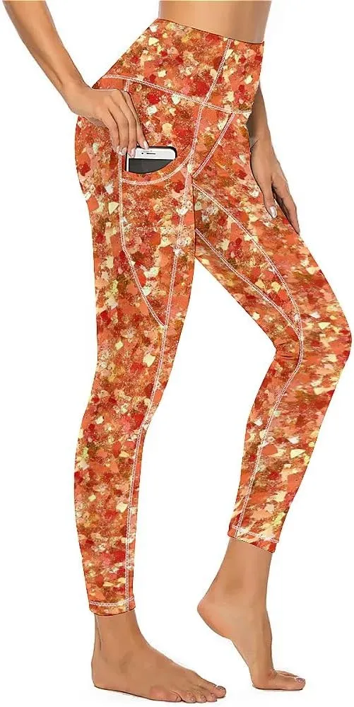 Glitter Print Warm Yoga Pants with Pockets Tummy Control Gym Leggings Shapewear Athletic Women