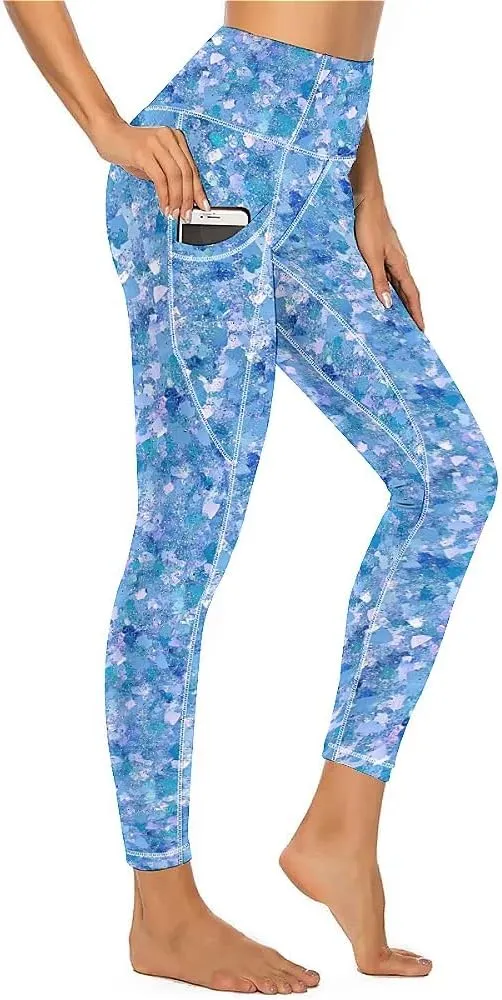 Glitter Print Warm Yoga Pants with Pockets Tummy Control Gym Leggings Shapewear Athletic Women