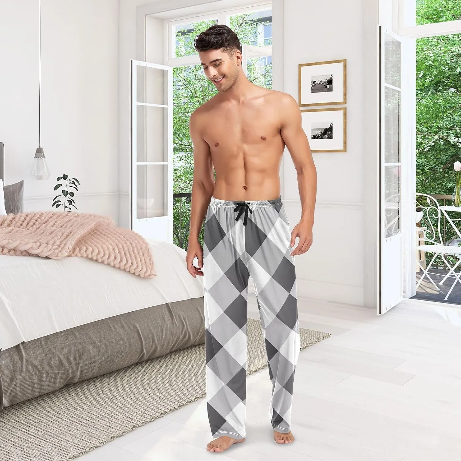 Gray Argyle Black White Plaid Men's sleep pants Pajama Pants Sleepwear Lounge Pajama Bottoms