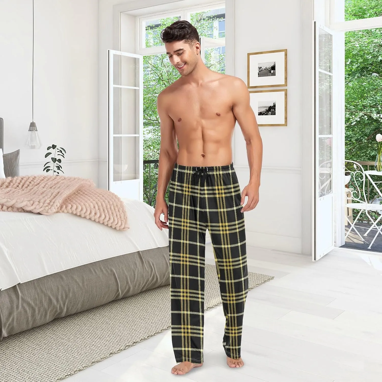 GuoChe Pajama Pants for Men White Black Buffalo Plaid Mens Pajama Bottoms Lounge Pants S