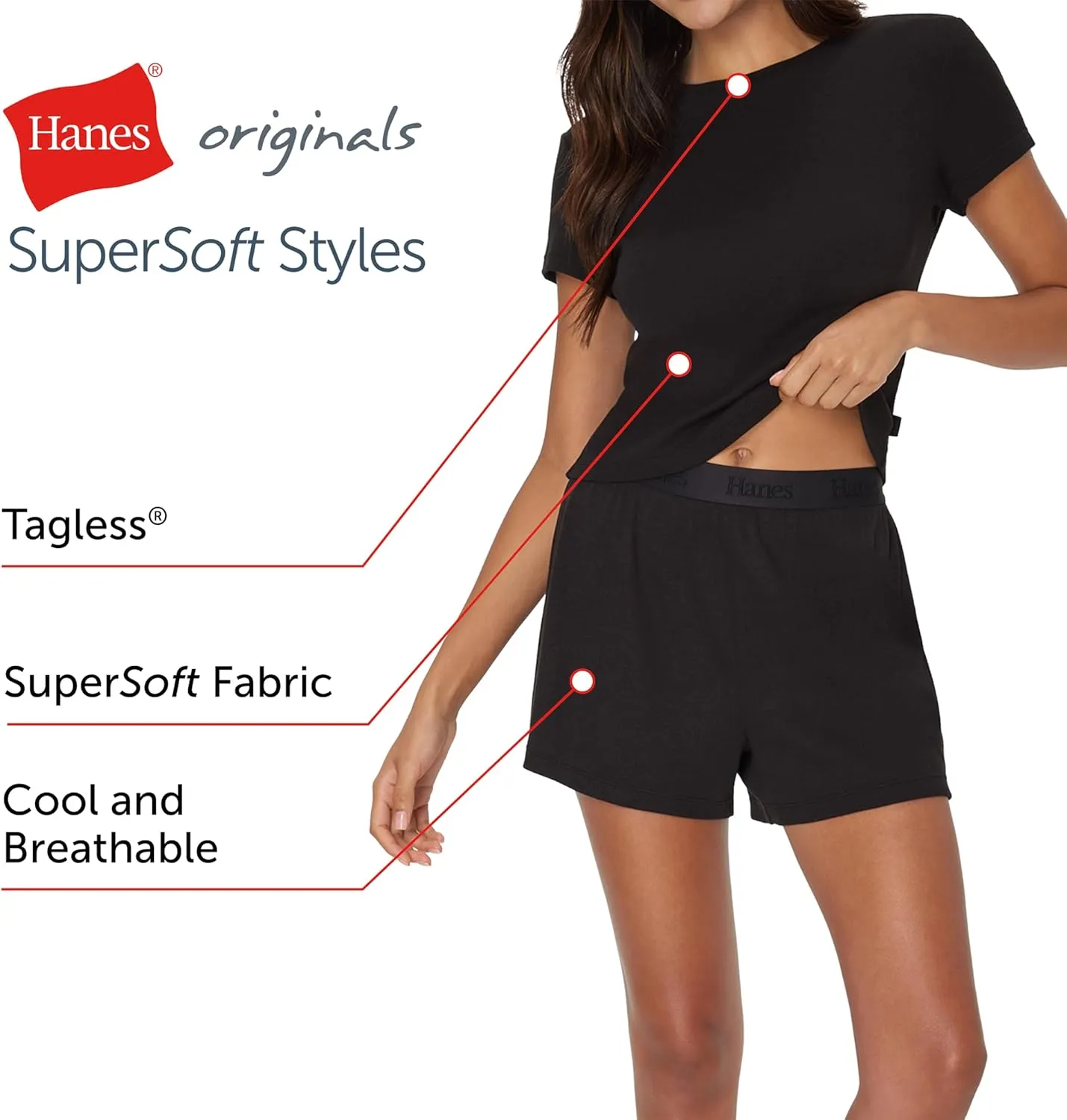 Hanes Women's Originals 2-Piece Lounge, Comfywear Supersoft Baby Doll Tee & Sleep Shorts Loungewear Set