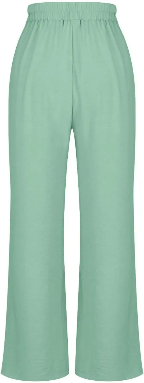 HGps8w Women's 2025 Summer Ice Silk Wide Leg Pants Pleated Straight Business Work Trousers Loose Suit Pants with Pockets