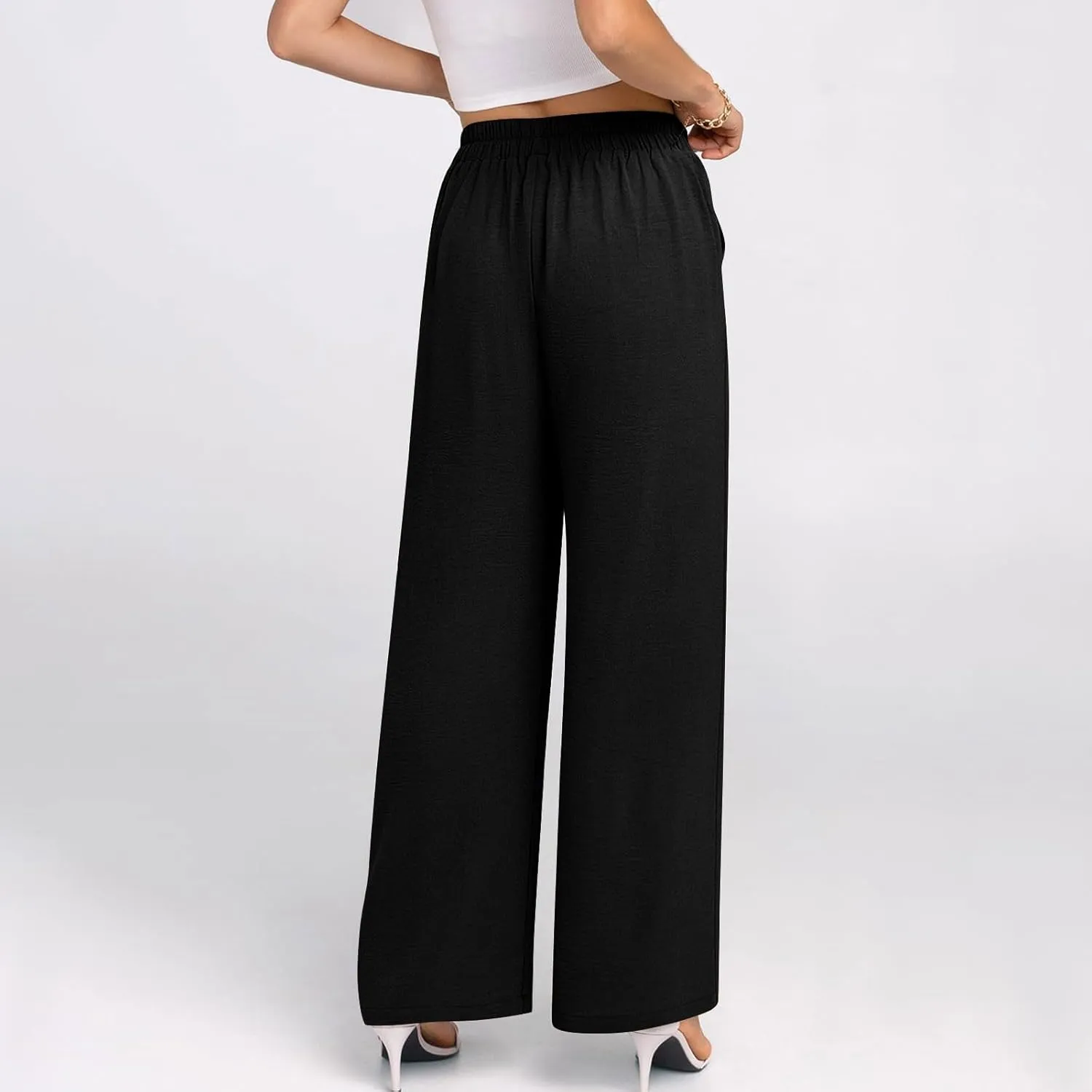 HGps8w Women's 2025 Summer Ice Silk Wide Leg Pants Pleated Straight Business Work Trousers Loose Suit Pants with Pockets