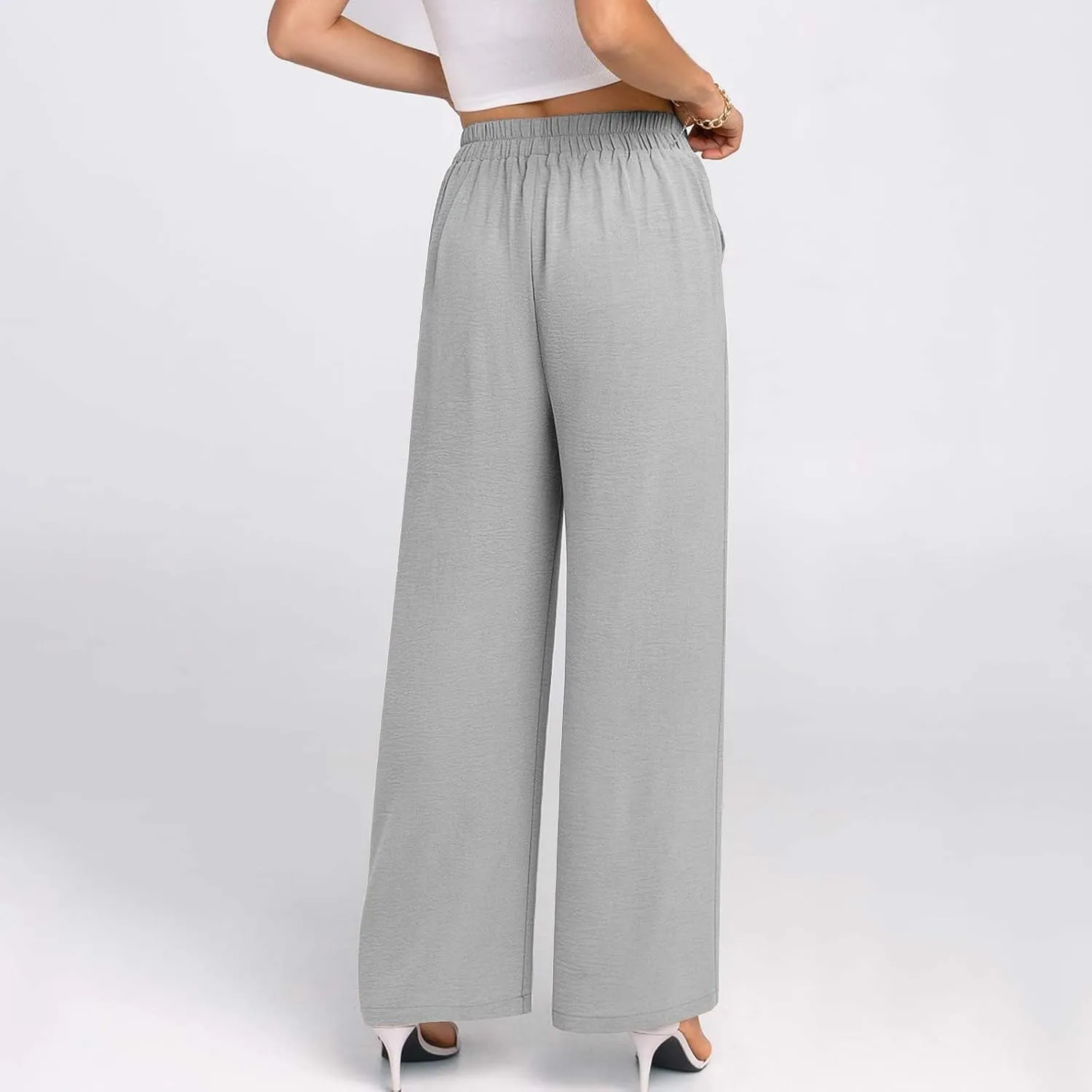 HGps8w Women's 2025 Summer Ice Silk Wide Leg Pants Pleated Straight Business Work Trousers Loose Suit Pants with Pockets
