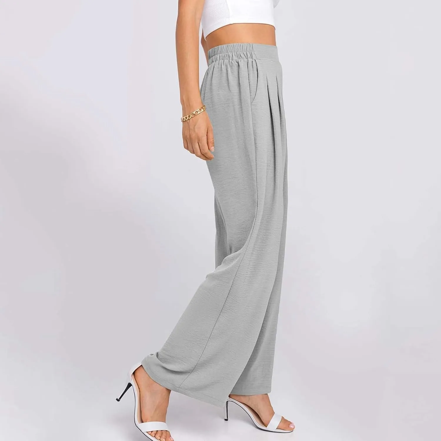 HGps8w Women's 2025 Summer Ice Silk Wide Leg Pants Pleated Straight Business Work Trousers Loose Suit Pants with Pockets