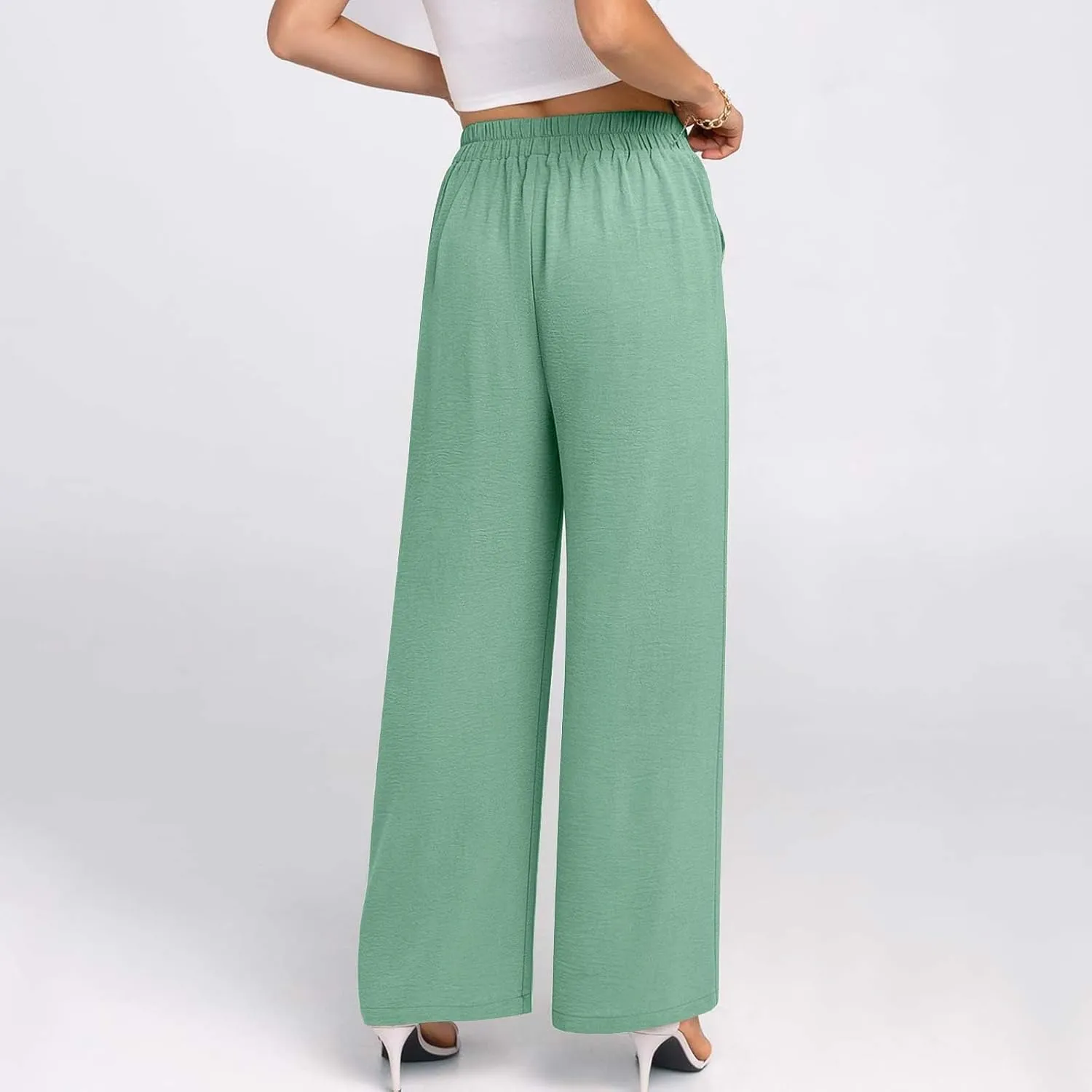 HGps8w Women's 2025 Summer Ice Silk Wide Leg Pants Pleated Straight Business Work Trousers Loose Suit Pants with Pockets