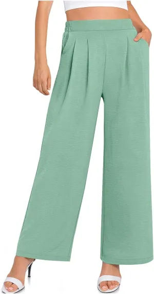 HGps8w Women's 2025 Summer Ice Silk Wide Leg Pants Pleated Straight Business Work Trousers Loose Suit Pants with Pockets