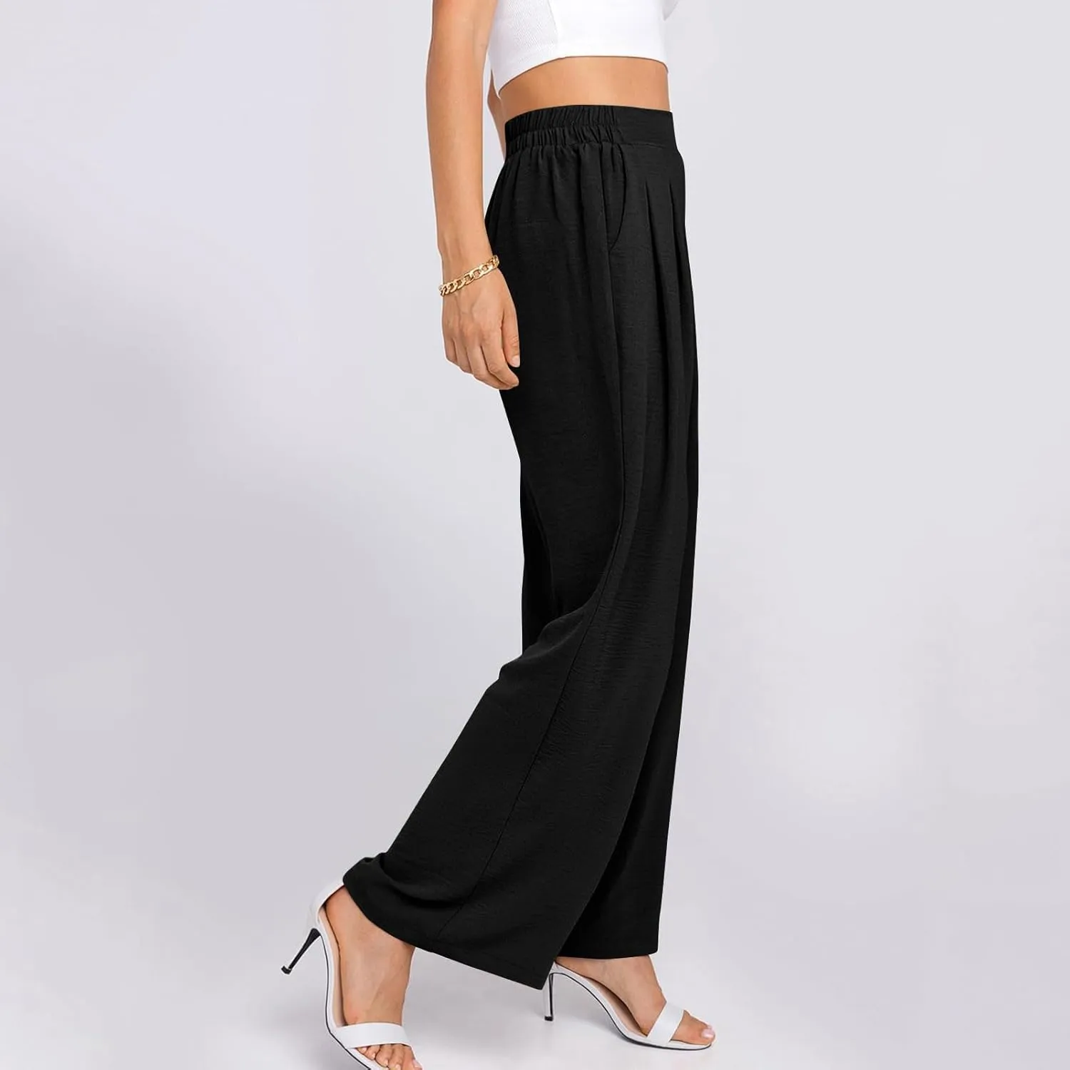 HGps8w Women's 2025 Summer Ice Silk Wide Leg Pants Pleated Straight Business Work Trousers Loose Suit Pants with Pockets