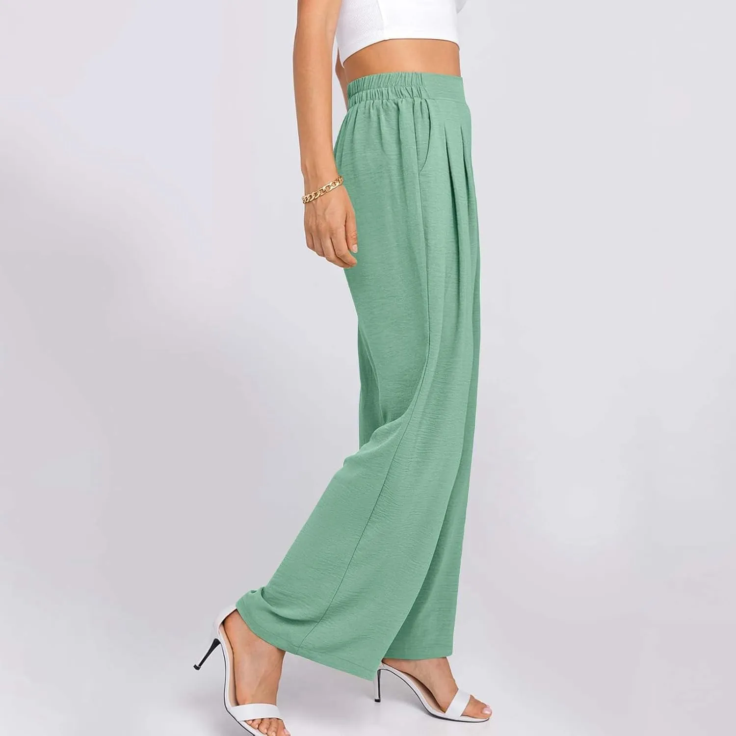 HGps8w Women's 2025 Summer Ice Silk Wide Leg Pants Pleated Straight Business Work Trousers Loose Suit Pants with Pockets