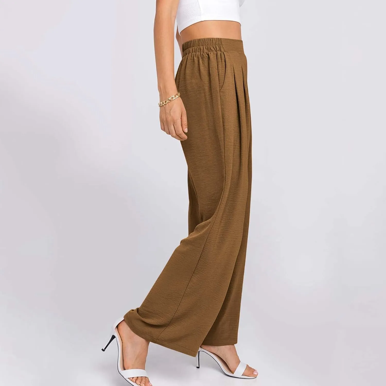 HGps8w Women's 2025 Summer Ice Silk Wide Leg Pants Pleated Straight Business Work Trousers Loose Suit Pants with Pockets