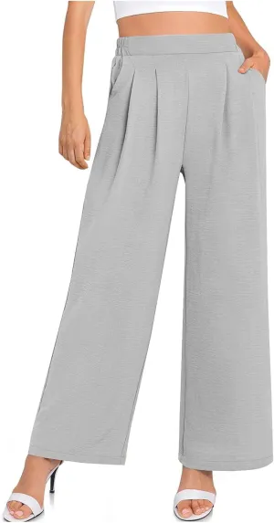 HGps8w Women's 2025 Summer Ice Silk Wide Leg Pants Pleated Straight Business Work Trousers Loose Suit Pants with Pockets