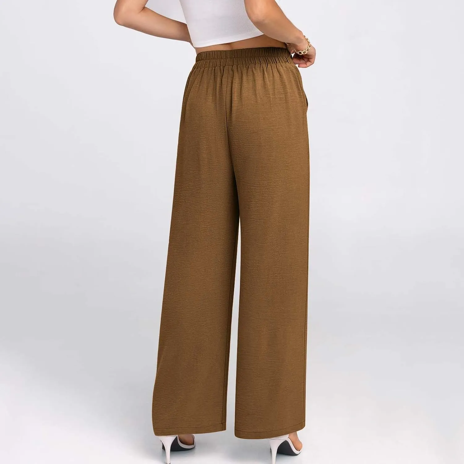 HGps8w Women's 2025 Summer Ice Silk Wide Leg Pants Pleated Straight Business Work Trousers Loose Suit Pants with Pockets