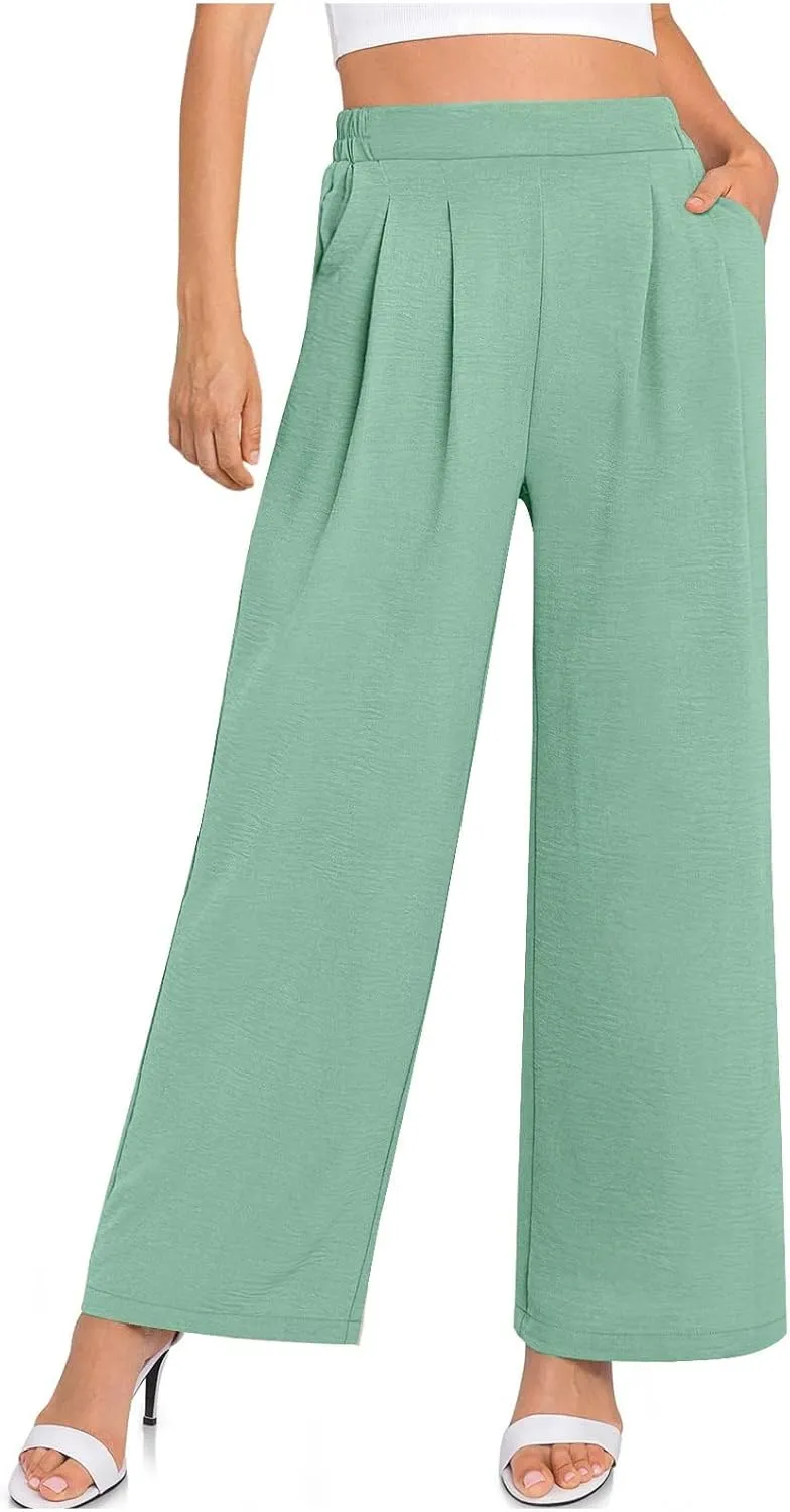 HGps8w Women's 2025 Summer Ice Silk Wide Leg Pants Pleated Straight Business Work Trousers Loose Suit Pants with Pockets