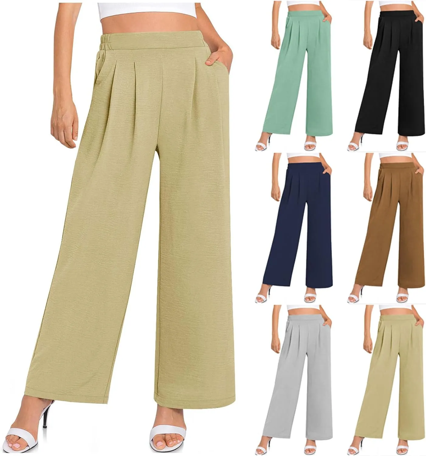 HGps8w Women's 2025 Summer Ice Silk Wide Leg Pants Pleated Straight Business Work Trousers Loose Suit Pants with Pockets