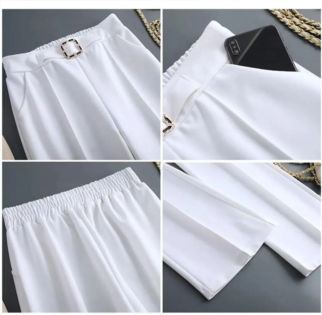 High Waist Ice Silk Wide Leg Pants Women Summer Straight Trousers Elegant Elastic Waist Baggy Pants