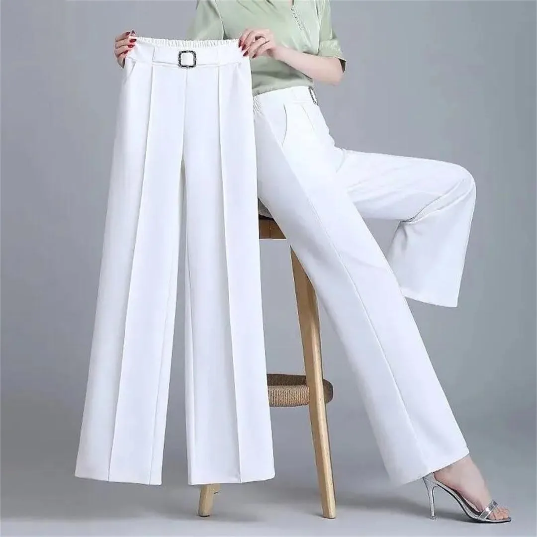 High Waist Ice Silk Wide Leg Pants Women Summer Straight Trousers Elegant Elastic Waist Baggy Pants