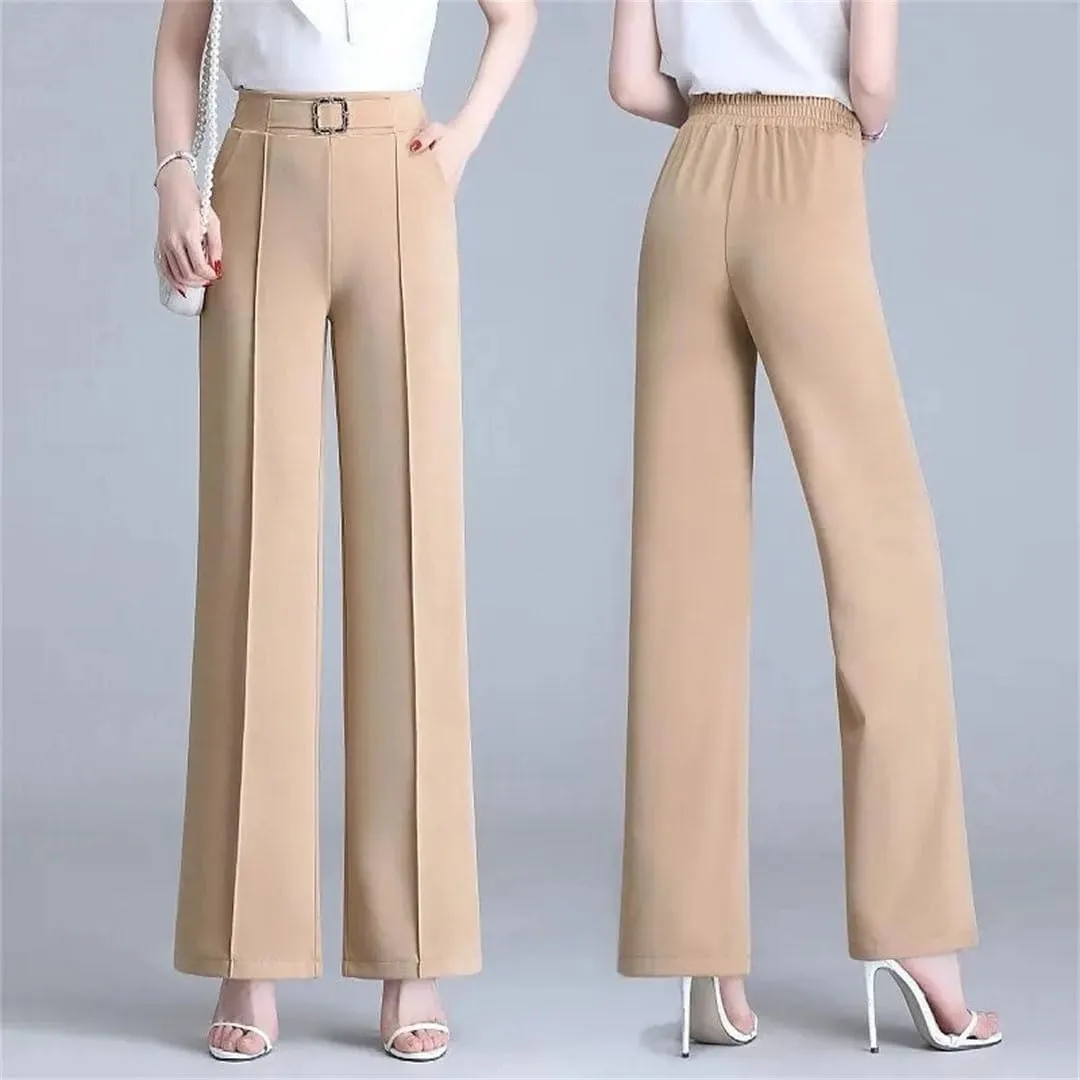 High Waist Ice Silk Wide Leg Pants Women Summer Straight Trousers Elegant Elastic Waist Baggy Pants