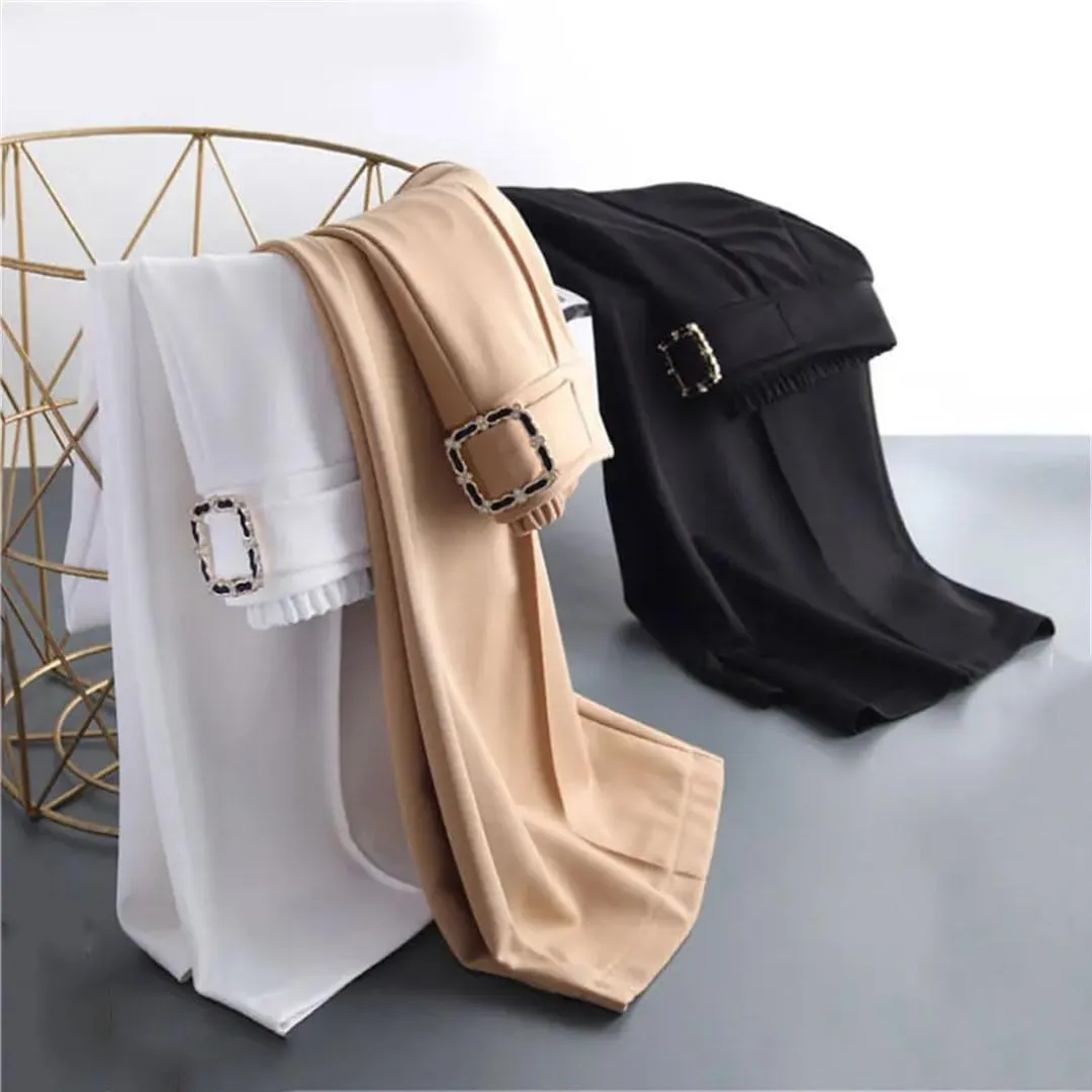 High Waist Ice Silk Wide Leg Pants Women Summer Straight Trousers Elegant Elastic Waist Baggy Pants