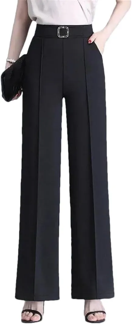 High Waist Ice Silk Wide Leg Pants Women Summer Straight Trousers Elegant Elastic Waist Baggy Pants
