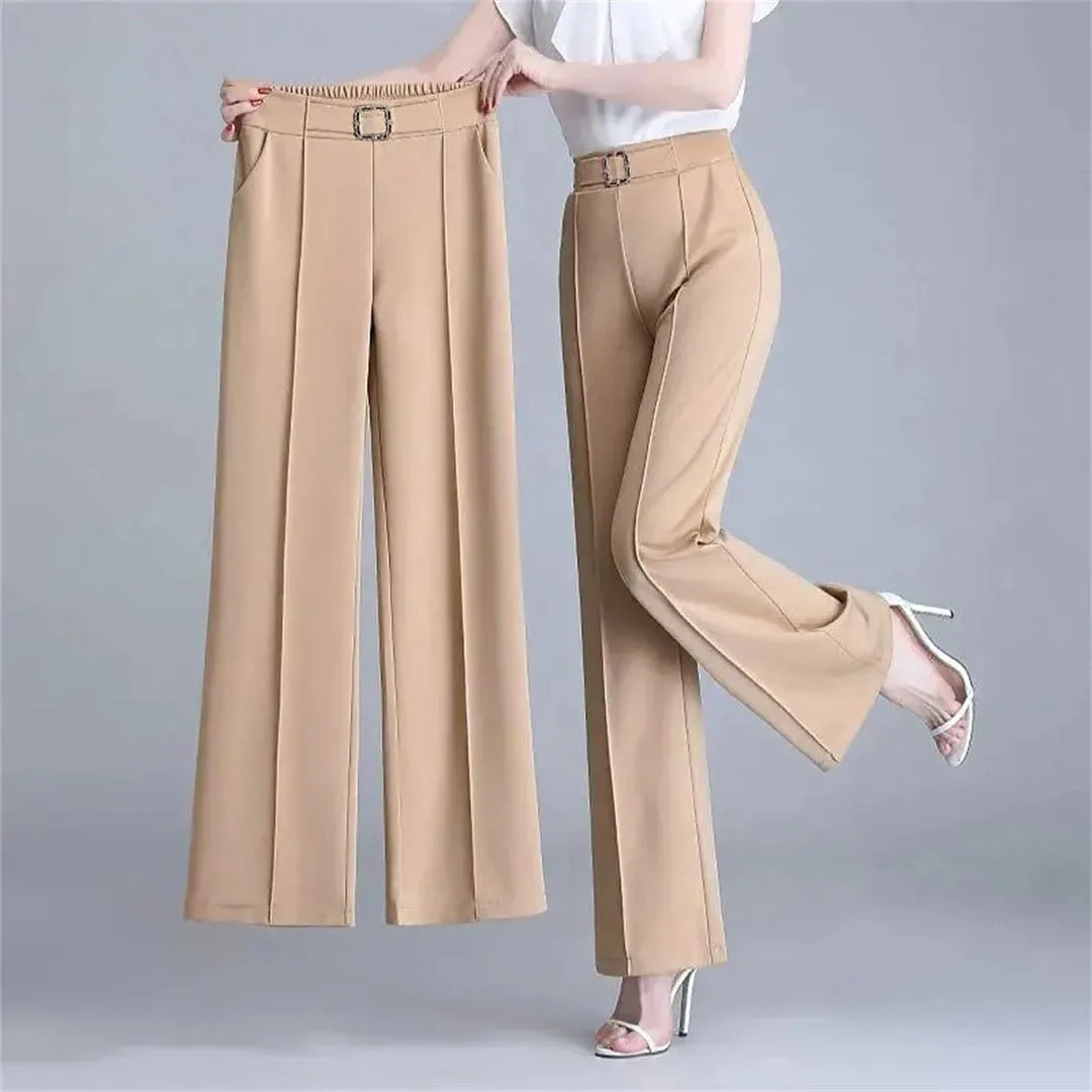 High Waist Ice Silk Wide Leg Pants Women Summer Straight Trousers Elegant Elastic Waist Baggy Pants