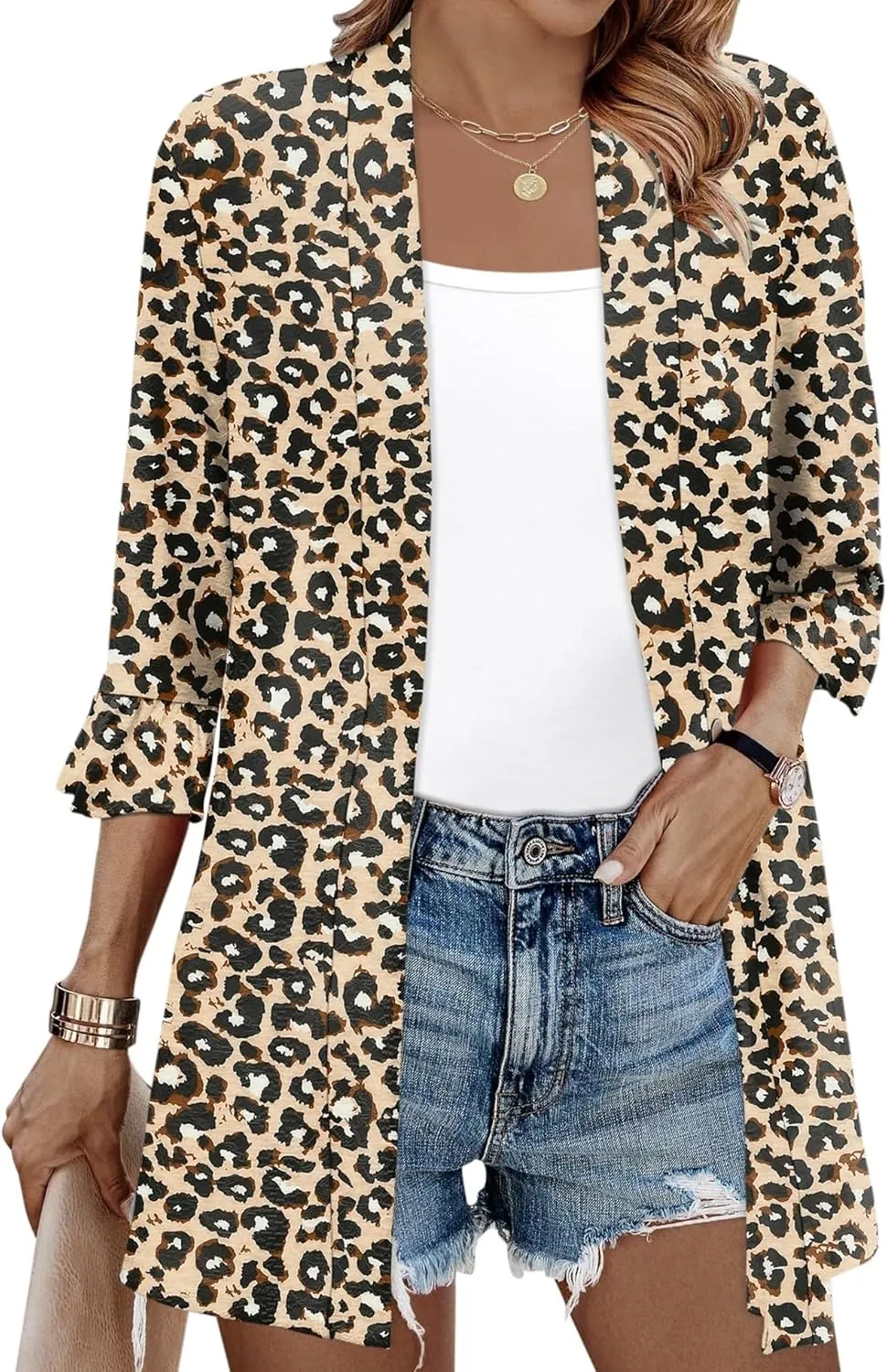 IECCP Womens Lightweight Cardigan 3/4 Sleeve Open Front Cozy Ruffles Sleeve Thin Cardigans Jacket