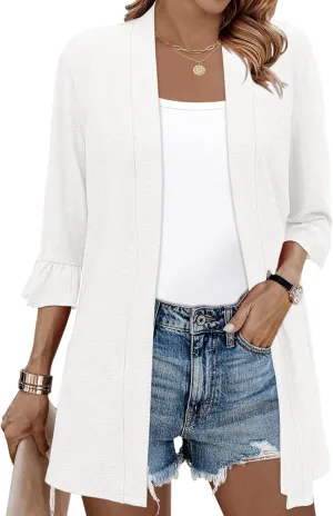 IECCP Womens Lightweight Cardigan 3/4 Sleeve Open Front Cozy Ruffles Sleeve Thin Cardigans Jacket