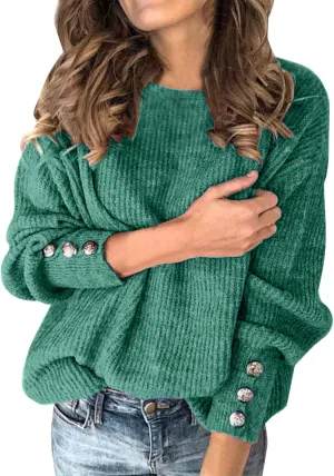 iLH Womens Vinatge Sweaters Gigot Sleeve Button Crewneck Pullover Sweaters for Women Fall Winter Leisure Elegant Sweaters