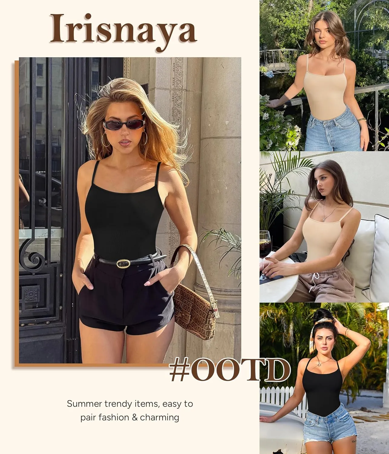 Irisnaya 2-Pack Shapewear Bodysuits for Women Tummy Control - Square Neck Body Suit Cami Body Shaper Going out Tops