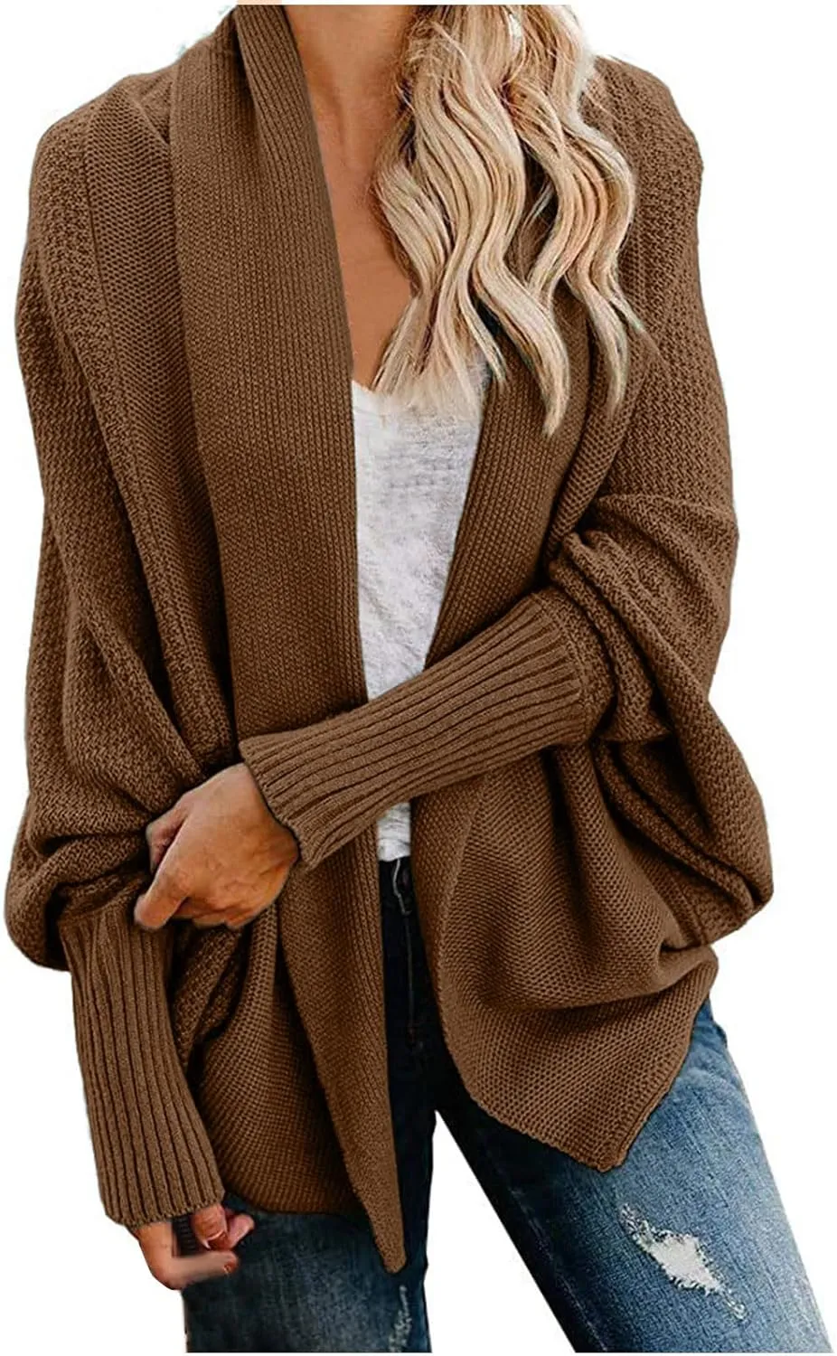 JOAU Cardigan for Women Dressy Casual Open Front Long Batwing Sleeve Knitted Sweater Chunky Outwear Fall Winter Coat Top
