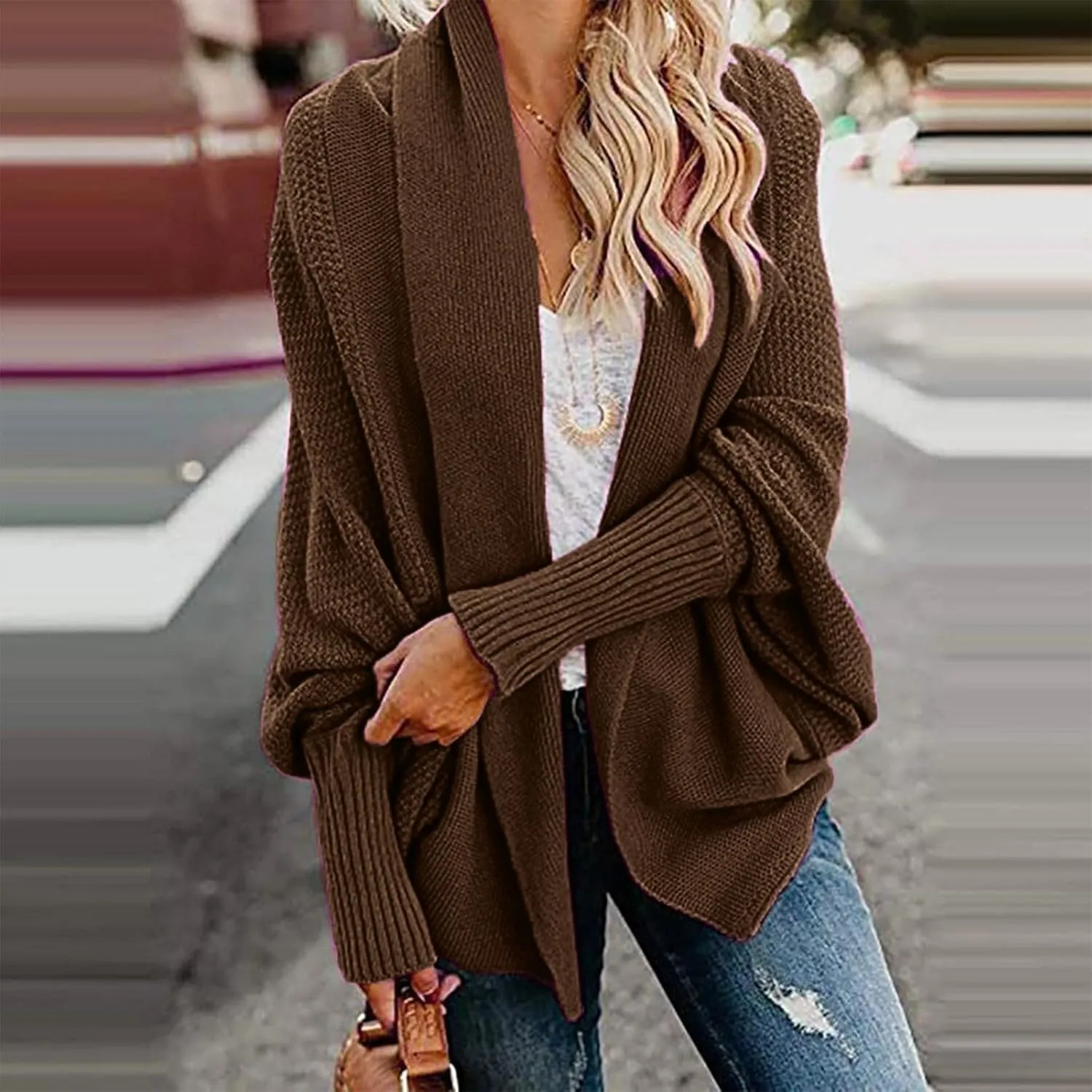 JOAU Cardigan for Women Dressy Casual Open Front Long Batwing Sleeve Knitted Sweater Chunky Outwear Fall Winter Coat Top