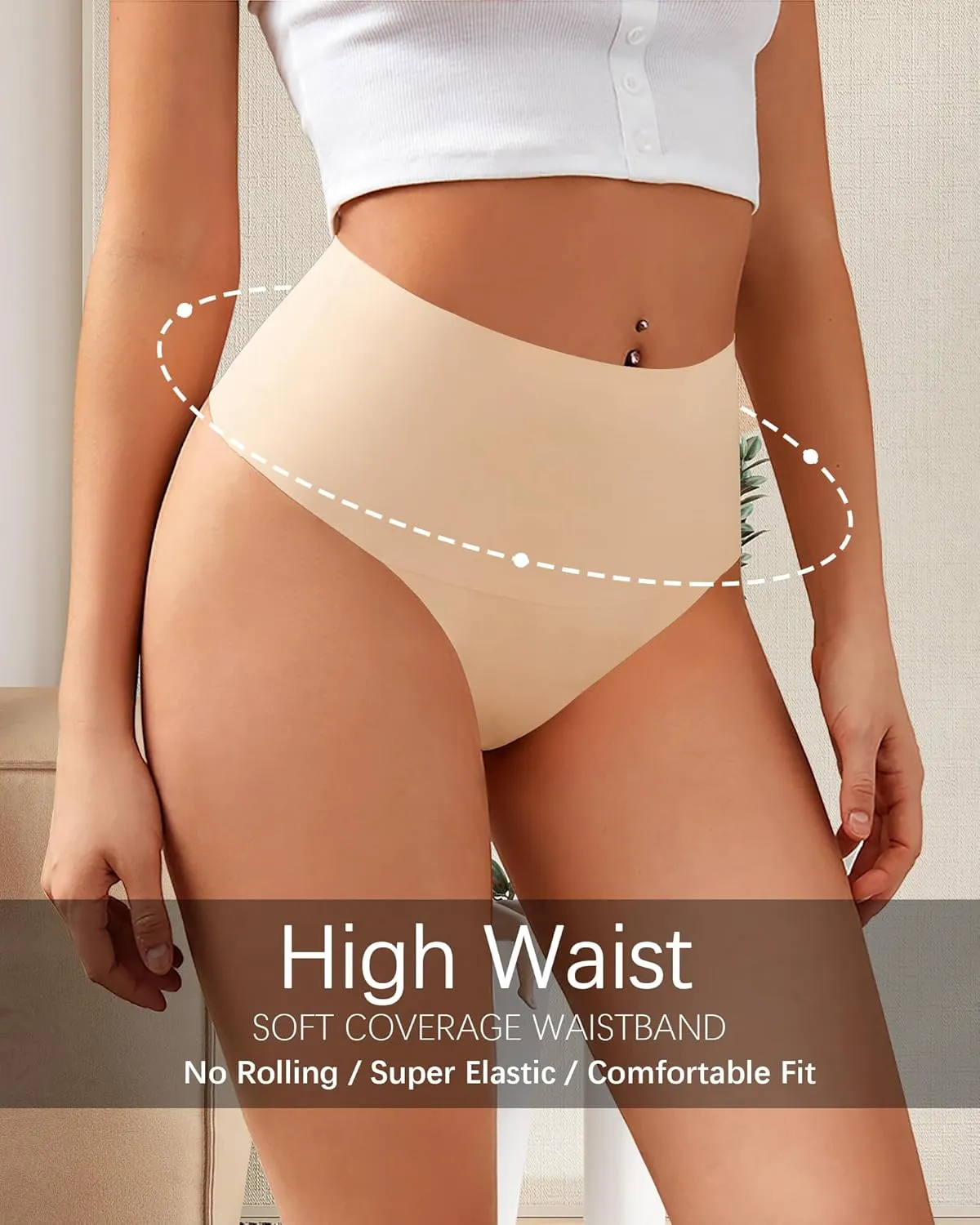K-CHEONY Womens High Waisted Thongs No Show Panties Lightweight Soft Stretch High Cut Underwear 3 Pack