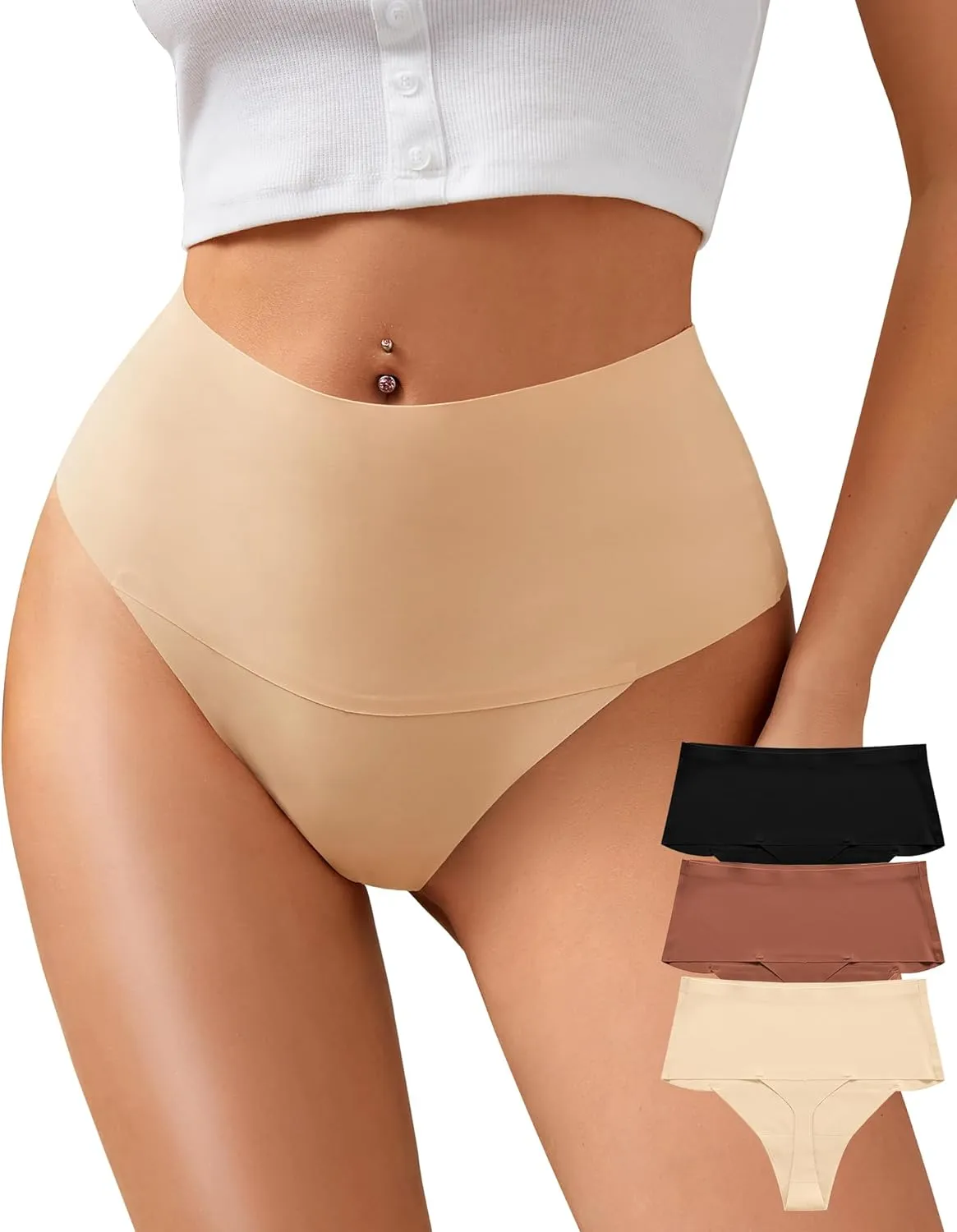 K-CHEONY Womens High Waisted Thongs No Show Panties Lightweight Soft Stretch High Cut Underwear 3 Pack