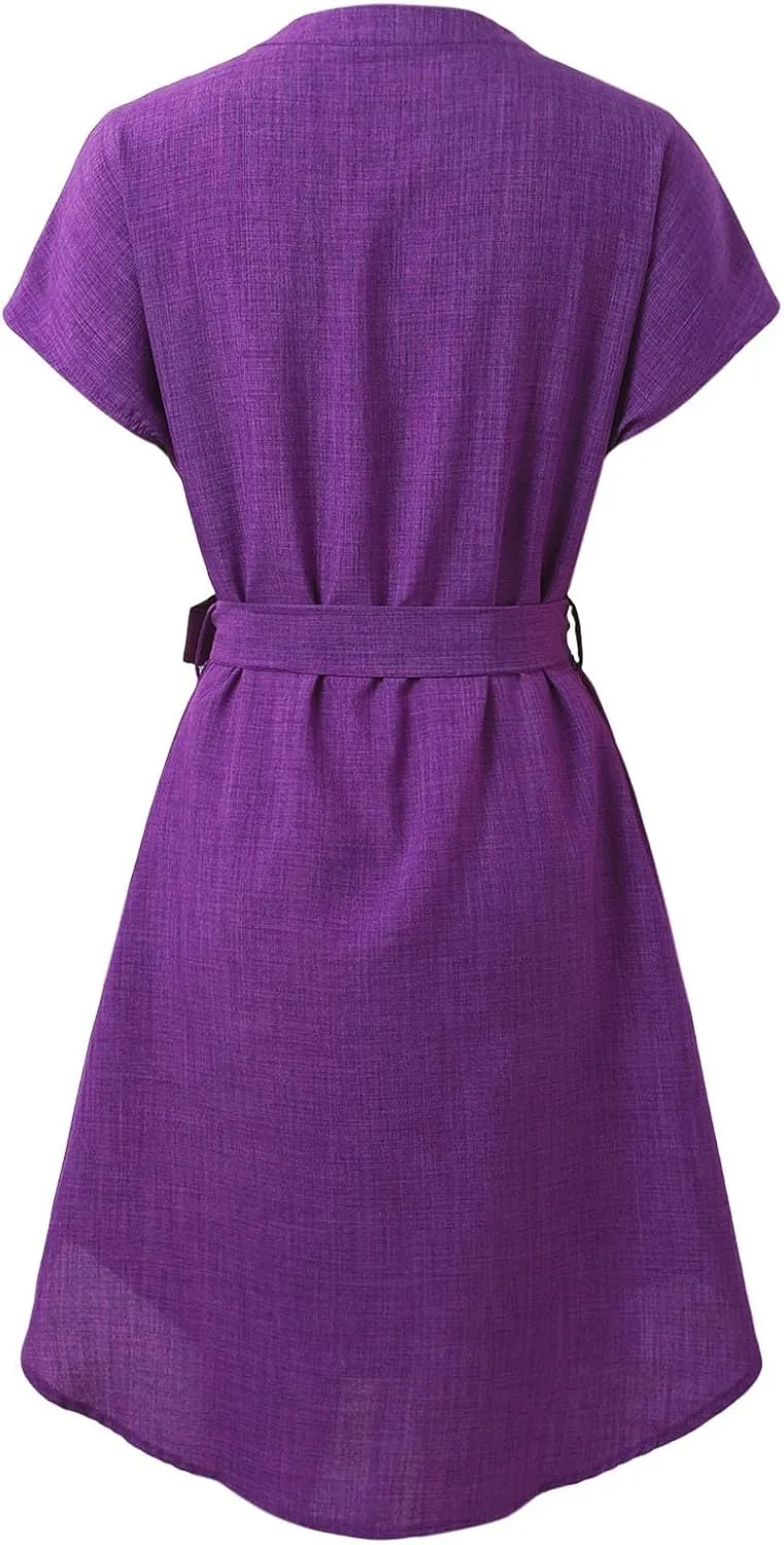 Lightweight Linen Shirt Dress Summer Beach Short Sleeve Midi Dresses with Belt Party Comfy Church Outfits for Women