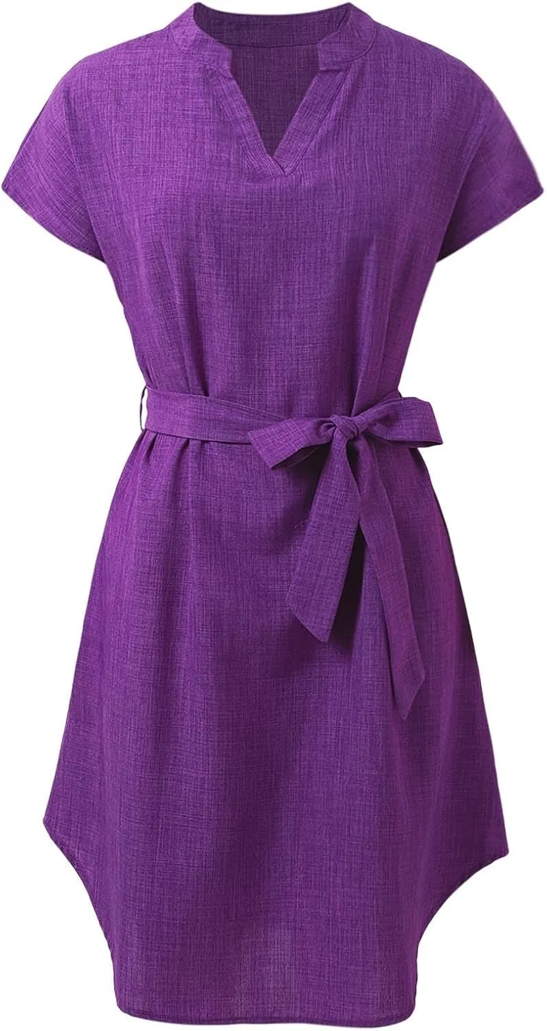 Lightweight Linen Shirt Dress Summer Beach Short Sleeve Midi Dresses with Belt Party Comfy Church Outfits for Women