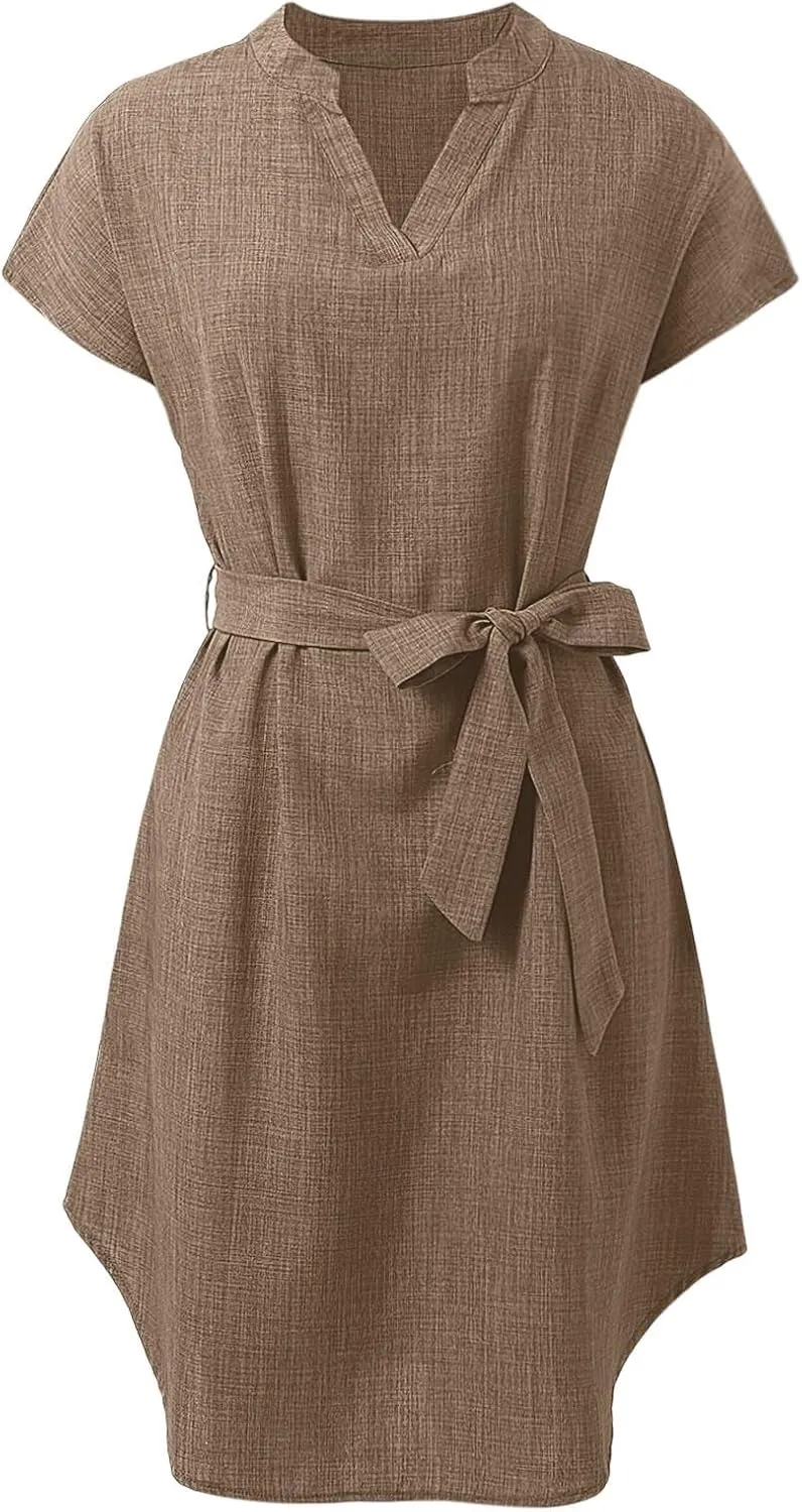 Lightweight Linen Shirt Dress Summer Beach Short Sleeve Midi Dresses with Belt Party Comfy Church Outfits for Women