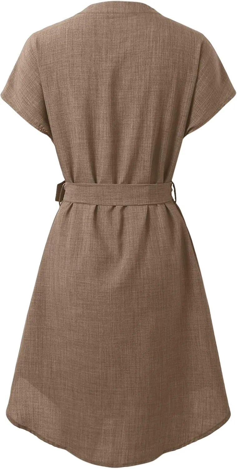 Lightweight Linen Shirt Dress Summer Beach Short Sleeve Midi Dresses with Belt Party Comfy Church Outfits for Women