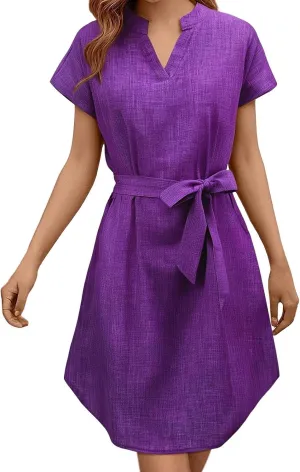 Lightweight Linen Shirt Dress Summer Beach Short Sleeve Midi Dresses with Belt Party Comfy Church Outfits for Women