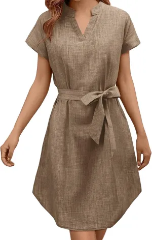 Lightweight Linen Shirt Dress Summer Beach Short Sleeve Midi Dresses with Belt Party Comfy Church Outfits for Women