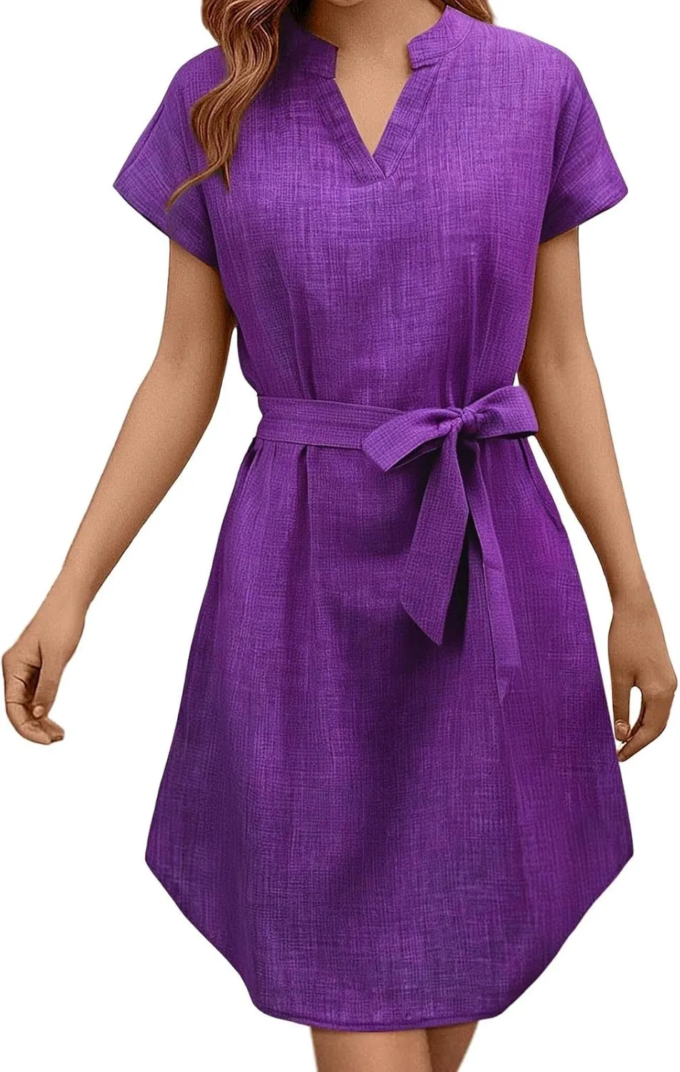 Lightweight Linen Shirt Dress Summer Beach Short Sleeve Midi Dresses with Belt Party Comfy Church Outfits for Women