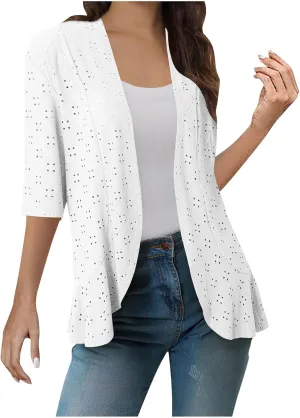 Lightweight Summer Cardigan for Women 2025 Spring Netted Knit Ruffled Eyelet Shrugs Half Sleeve Kimono Cover Ups