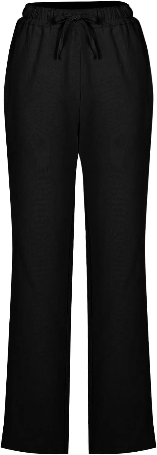 Linen Pants Women Hight Waisted Trousers Pants with Pockets Ladies Elastic Waist Trousers Wide Leg Straight Pants