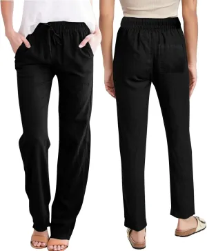 Linen Pants Women Hight Waisted Trousers Pants with Pockets Ladies Elastic Waist Trousers Wide Leg Straight Pants