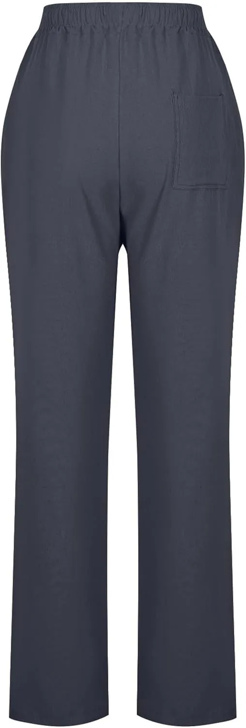 Linen Pants Women Hight Waisted Trousers Pants with Pockets Ladies Elastic Waist Trousers Wide Leg Straight Pants