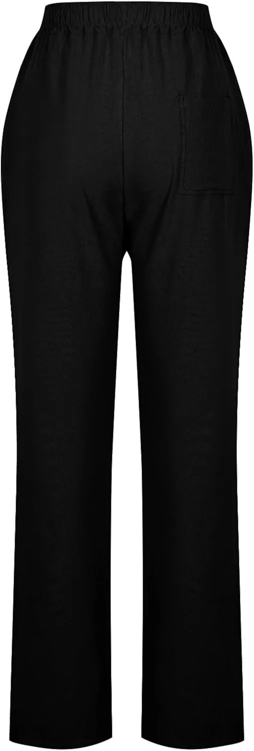 Linen Pants Women Hight Waisted Trousers Pants with Pockets Ladies Elastic Waist Trousers Wide Leg Straight Pants