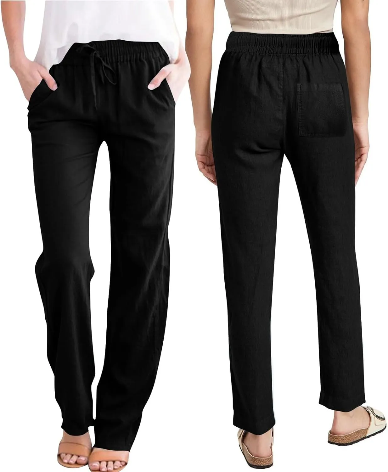 Linen Pants Women Hight Waisted Trousers Pants with Pockets Ladies Elastic Waist Trousers Wide Leg Straight Pants