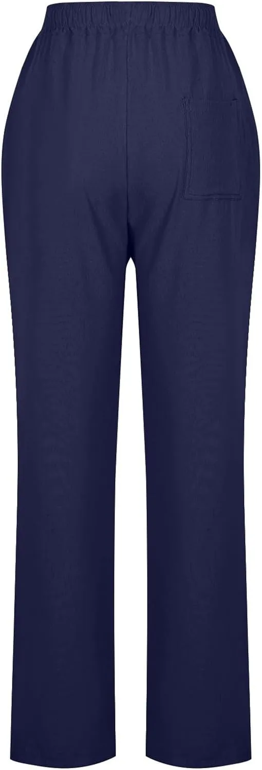 Linen Pants Women Hight Waisted Trousers Pants with Pockets Ladies Elastic Waist Trousers Wide Leg Straight Pants